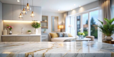 Empty Marble Tabletop Mockup: Blurred Bedroom Background for Product Display