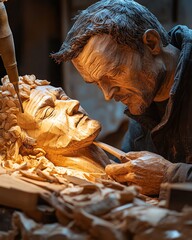 Craftsman skillfully carving a wooden sculpture.