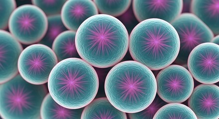 Microscopic view of round biological cells with vibrant pink nuclei representing scientific research and life