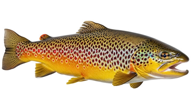 Brown trout isolated PNG on transparent background, freshwater fish with spotted pattern for nature and wildlife designs