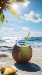 Fresh coconut drink on sandy beach.
