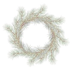 Natural evergreen wreath made of spruce branches, hand painted in watercolor on white background, ideal for festive Christmas compositions, winter branding, cozy decor and holiday stationery