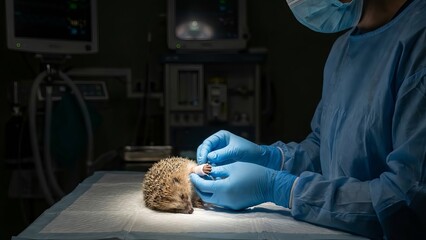 Veterinarian in surgical gown and gloves carefully administering medicine or vaccine to a small hedgehog lying on a sterile sheet during an animal medical procedure