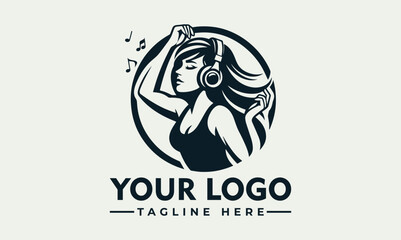 Vector logo design featuring a woman wearing headphones with music notes, on a simple background with space for a tagline and customizable logo text.