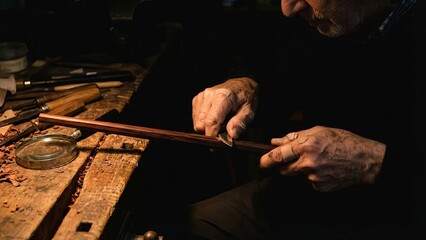 Craftsperson meticulously shaping a wooden violin bow by hand on a rustic workbench, demonstrating dedication and traditional skill in a dimly lit studio environment