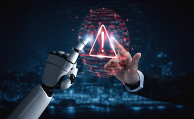 A human hand reaches towards a robotic hand, both poised near a glowing warning symbol, illustrating the relationship between technology and caution in a digital landscape. Gantry