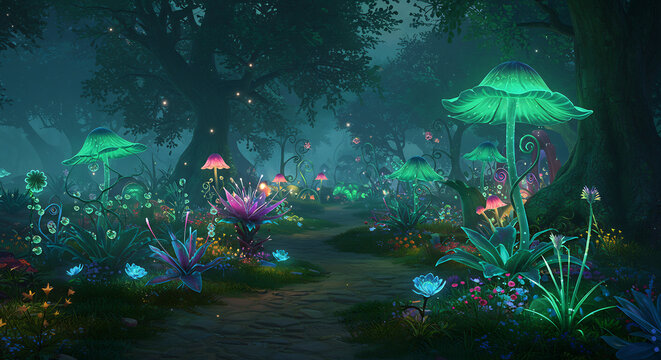 Un sentier mysterieux serpente dans une foret nocturne eclairee par d'etincelants champignons bioluminescents et une lumiere onirique. AI Generated