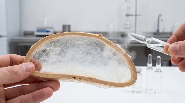 Scientist's hand holds a frame of advanced spider silk biomaterial next to a glass ampoule of liquid in a sterile lab, symbolizing biotech innovation and medical research advancements
