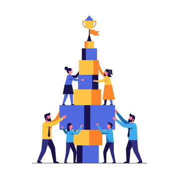 Four minimalist characters collaborate in a 2D flat vector illustration, stacking vibrant geometric blocks high to achieve a symbolized goal of success and corporate synergy.