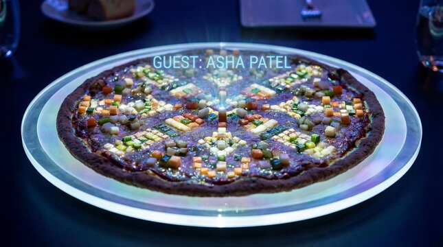 Innovative pizza on a glowing blue plate with geometric vegetable toppings and a light-projected guest name asha patel, evoking personalized, futuristic dining tech