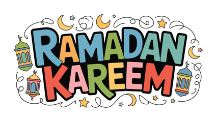 Ramadan Kareem Illustration: Colorful artistic rendering of Ramadan Kareem, capturing the spirit of Ramadan through radiant lanterns, crescent moons, and stars.