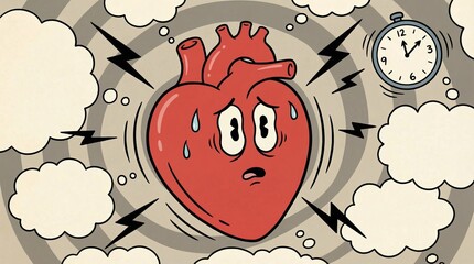 Cartoon heart character clutching chest, sweating and surrounded by lightning bolts, stopwatch and thought bubbles, symbolizing stress, anxiety, chest pain and heart attack risk