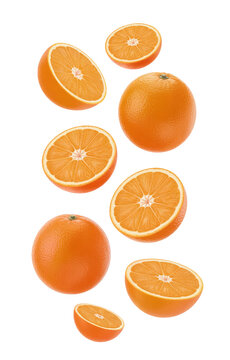 Vibrant whole and halved oranges falling, fresh citrus fruit isolated on transparent background