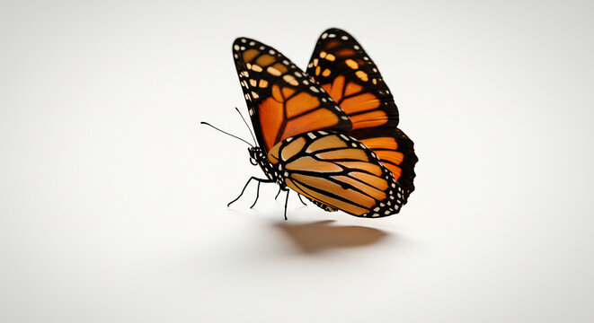 Magnifique papillon monarque aux ailes orange noir detaillees pose sur fond blanc pur sous lumiere douce. AI Generated