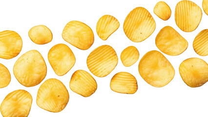 Golden potato chips PNG isolated on transparent background, crispy snack food for party and picnic, salty appetizer