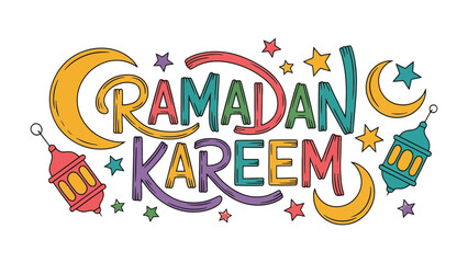 Obraz premium Ramadan Kareem: A festive and vibrant graphic design illustration depicting the holy month of Ramadan with colorful elements, including crescent moons, stars, and lanterns.