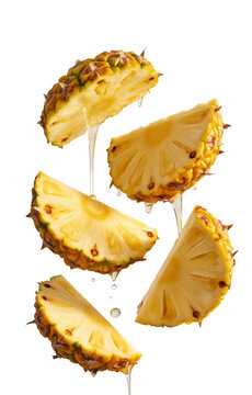 Fresh juicy pineapple slices with sweet liquid dripping down isolated on transparent background