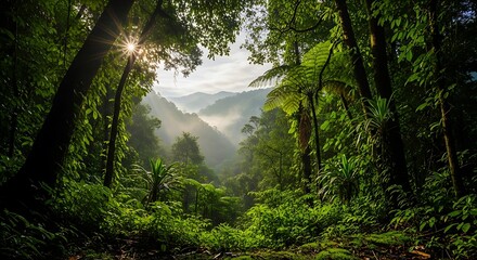 Obraz premium Lush tropical rainforest scene with sunlight and dense vegetation