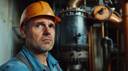 Serious factory worker in hard hat, industrial background