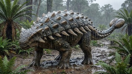 Obraz premium Armored ankylosaurus, a large herbivore dinosaur, walking through a muddy prehistoric jungle while rain falls, showcasing its spiked body and club tail in a wild natural environment