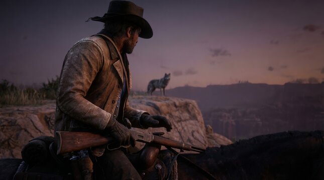 Arthur morgan, a cowboy and outlaw, is riding his horse while holding a rifle and observing a wild wolf on a cliff edge during the serene moment of dusk in the american wild west