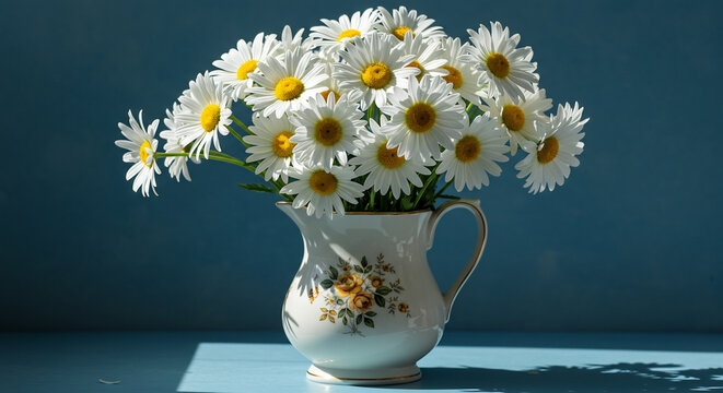 Fra�ches marguerites blanches rayonnent dans un pot floral sous la lumi�re du soleil direct sur fond bleu vibrant. AI Generated