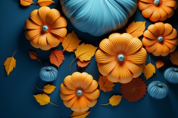 Papercraft pumpkins and colorful fall leaves arranged on a deep blue surface