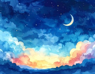 Whimsical watercolor night sky with a crescent moon and vibrant, dreamy clouds illuminated by celestial light, creating a magical atmosphere