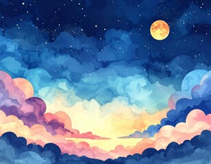 Dreamy Watercolor Sky with Full Moon and Cotton Candy Clouds at Twilight