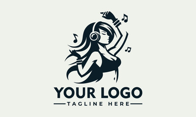 Vector logo design featuring a woman wearing headphones with music notes, on a clean background for a company or brand identity with a tagline.