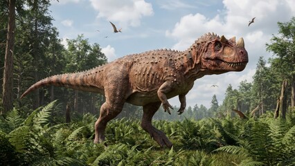 Obraz premium Carnotaurus, a large carnivorous dinosaur, roams through a dense, primeval forest filled with abundant ferns and towering trees under a partly cloudy sky, evoking a sense of ancient wilderness