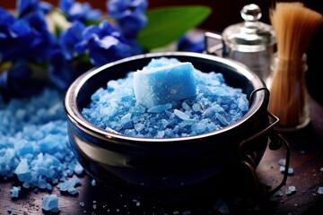 Blue bath salts and soap in a bowl, promoting relaxation and wellness