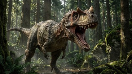 Obraz premium Carnotaurus, a large theropod dinosaur, opening its mouth wide while standing among tall trees, ferns, and moss-covered rocks in a lush, dense prehistoric jungle environment