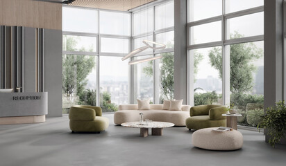 Modern hall interior with reception desk in fitness center with wood panel and panoramic windows, wooden floor, fitness center front desk, 3d rendering