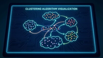 Data points cluster into colored groups on a digital circuit-board interface, visualizing a machine learning clustering algorithm organizing and classifying big data patterns for ai analysis
