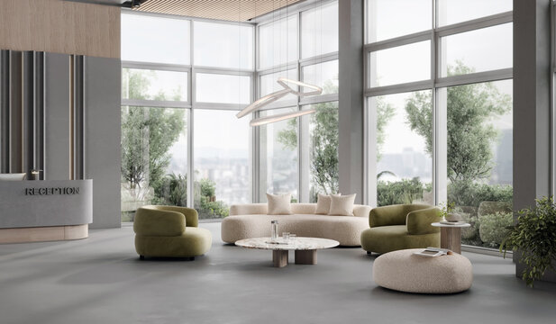 Modern hall interior with reception desk in fitness center with wood panel and panoramic windows, wooden floor, fitness center front desk, 3d rendering