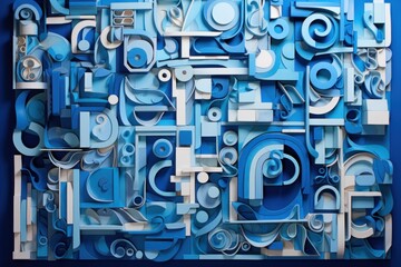 Abstract layered paper art sculpture showcasing geometric shapes and varying shades of blue