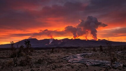 Mauna loa volcano actively erupting at sunset, with fiery lava flows and plumes of smoke rising into a dramatic orange and red sky over a rugged, dark, rocky landscape
