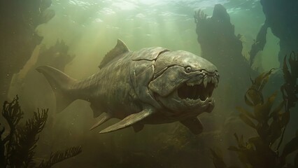 Obraz premium Dunkleosteus, a formidable armored placoderm, swims in a murky underwater environment, sunlight piercing through the surface, surrounded by ancient seabed features and kelp forest
