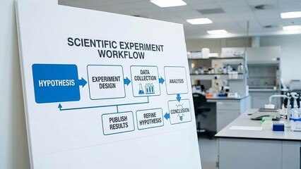 Scientific experiment workflow chart showing hypothesis, experimental design, data collection, analysis, conclusion, publishing and refinement in a modern laboratory setting on a whiteboard
