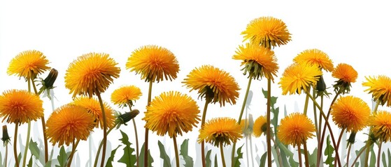 Vibrant yellow dandelions in full bloom on white background