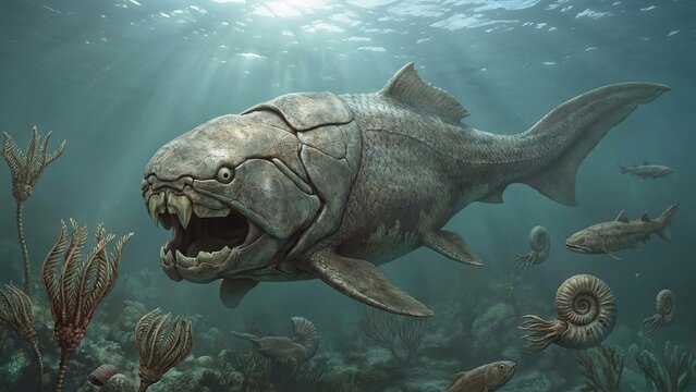 Dunkleosteus, a massive armored placoderm, dominates the ancient devonian ocean, swimming among other prehistoric fish, ammonites, and marine flora in its natural habitat