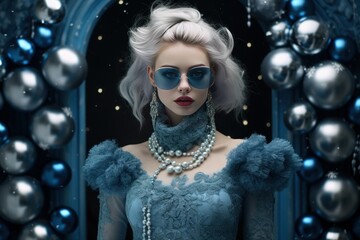 Stylish woman posing in elegant blue winter fashion with pearls and ornate decorations