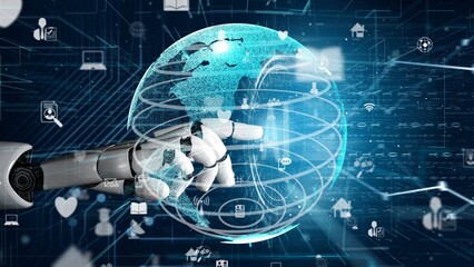 A stunning visual representation of a robotic hand interacting with a digital globe, showcasing advanced technology, data connectivity, and futuristic innovation in a virtual space. Xenic