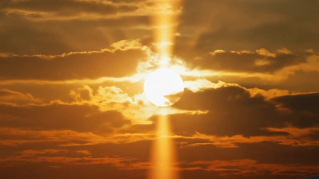 Intense Golden Sunbeam Shining Through Clouds in Dramatic Sky