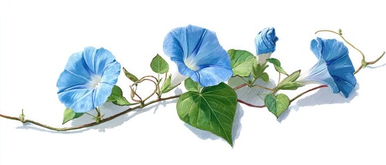 Beautiful blue morning glories with lush green leaves on vine