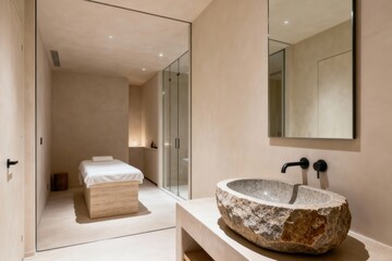 Calm spa interior featuring a stone sink, massage bed, and glass-enclosed shower area.