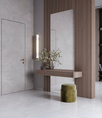 Modern wooden vanity with mirror, green pouf and plants, lobby in hotel room, 3d rendering