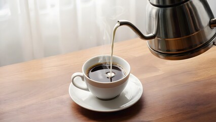 Fresh coffee being poured into white cup on wooden desk