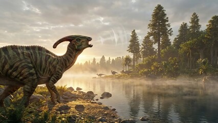 Obraz premium Parasaurolophus standing on a rocky riverbank, calling out with visible sound waves, while a herd of dinosaurs drinks from the misty river at sunrise in a prehistoric forest landscape